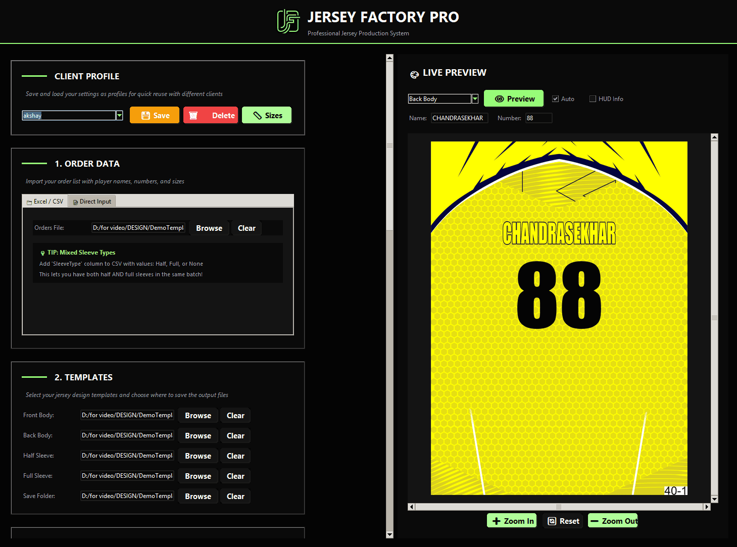 Jersey Factory Pro software interface